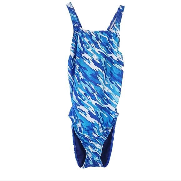 Speedo Competitive One Piece Swimsuit Size 8/34 Women Blue White Graphic - Picture 1 of 6